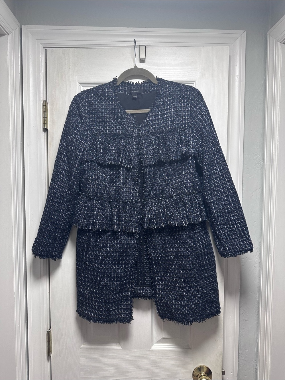Ann Taylor Navy Tweed Fringe Open-Front Blazer